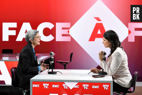 Sandrine Rousseau en interview avec Apolline de Malherbe sur RMC/BFMTV à Paris le 22 mars 2023 Photo by Alain Apaydin/ABACAPRESS.COM