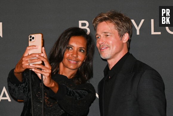 Brad Pitt et Karine Le Marchand à la première du film "Babylon" au cinéma Le Grand Rex à Paris, France, le 14 janvier 2023. © Coadic Guirec/Bestimage