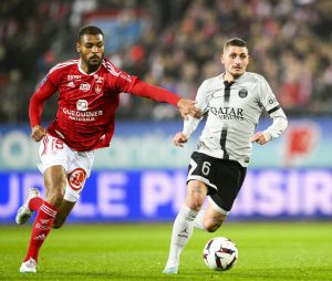 Marco Verratti (PSG) vs Steve Mounie (Brest) lors du match de championnat de Ligue 1 Uber Eats opposant Le Stade Brestois 29 (Brest) au Paris Saint-Germain (PSG) au stade Francis-Le Ble à Brest, France, le 11 mars 2023. le PSG a gagné 2-1. © Jean-Baptiste Autissier/Panoramic/Bestimage  French L1 football match between Stade Brestois 29 (Brest) and Paris Saint-Germain FC at Stade Francis-Le Ble in Brest, western France on March 11, 2023. PSG won 2-1. 