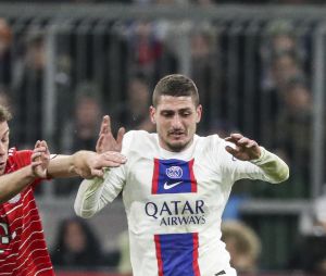 6 JOSHUA KIMMICH (Bayern München) et Marco VERRATTI 6     (PSG) - Match de 8ème de finale retour de la Ligue Des Champions 2023 (LDC) "Bayern Munich Vs PSG (2-0)" à Munich en Allemagne le 8 mars 2023.  2023 Champions League Round of 16 second leg match "Bayern Munich Vs PSG (2-0)" in Munich, Germany on March 8, 2023. 
