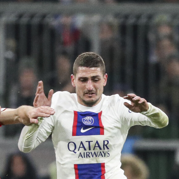 6 JOSHUA KIMMICH (Bayern München) et Marco VERRATTI 6     (PSG) - Match de 8ème de finale retour de la Ligue Des Champions 2023 (LDC) "Bayern Munich Vs PSG (2-0)" à Munich en Allemagne le 8 mars 2023.  2023 Champions League Round of 16 second leg match "Bayern Munich Vs PSG (2-0)" in Munich, Germany on March 8, 2023. 