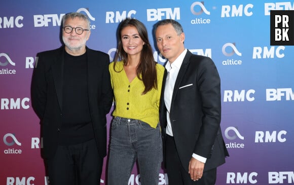 Laurent Ruquier, Julie Hammett et Marc-Olivier Fogiel lors de la conférence de presse de rentrée BFM TV. - RMC du groupe Altice France à Paris, France, le 31 août 2023. © Coadic Guirec/Bestimage