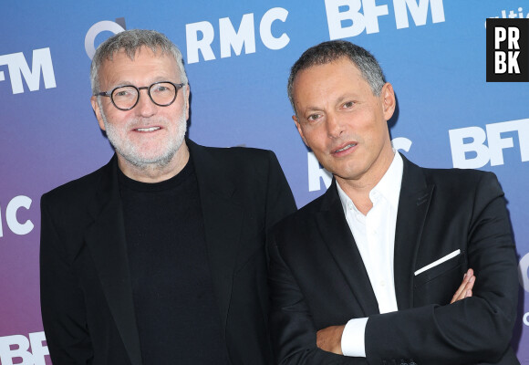 Laurent Ruquier et Marc-Olivier Fogiel lors de la conférence de presse de rentrée BFM TV. - RMC du groupe Altice France à Paris, France, le 31 août 2023. © Coadic Guirec/Bestimage