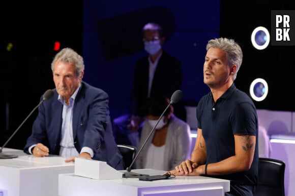 Semi-exclusif - Jean-Jacques Bourdin, Jean-Baptiste Boursier - Conférence de presse de rentrée de BFMTV saison 2021/2022 à l'Altice Campus à Paris, France, le 25 août 2021. © Christophe Clovis/Bestimage