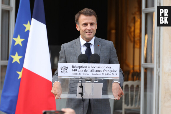 Emmanuel Macron lors de la cérémonie du 140ème anniversaire de la création de l'Alliance Française au Palais de l'Elysée à Paris. Le 21 juillet 2023 © Jérôme Domine / Pool / Bestimage 