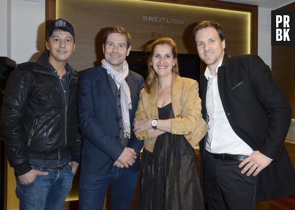 Exclusif - Laurent Argelier, Julien Fregonara, Valérie Pierson (directrice générale Breitling France) et Gérald Kierzek - Cocktail à l'occasion du lancement du modèle Breitling Cockpit B50 à Paris le 9 avril 2015.