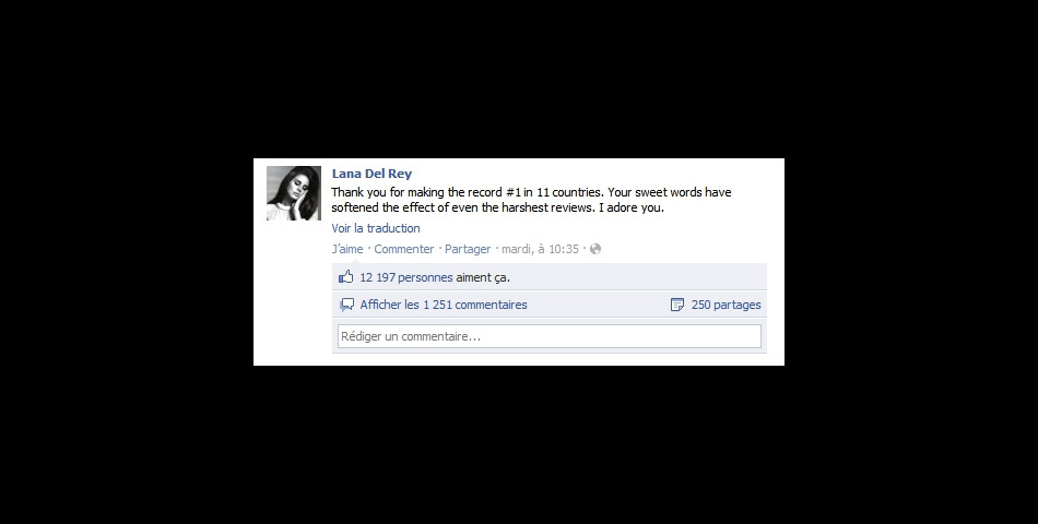 Lana Del Rey remercie ses fans sur Facebook