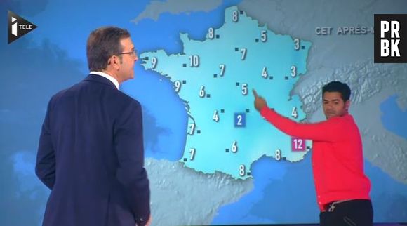 Jamel Debbouze en miss Météo sur le plateau de l'émission Team Toussaint sur iTélé, le 26 novembre 2013