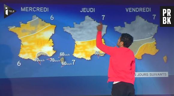 Jamel Debbouze en miss Météo sur le plateau de l'émission Team Toussaint sur iTélé, le 26 novembre 2013