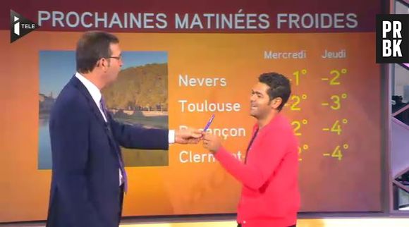 Jamel Debbouze en miss Météo sur le plateau de l'émission Team Toussaint sur iTélé, le 26 novembre 2013