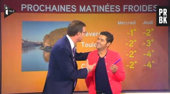 Jamel Debbouze en miss Météo sur le plateau de l'émission Team Toussaint sur iTélé, le 26 novembre 2013