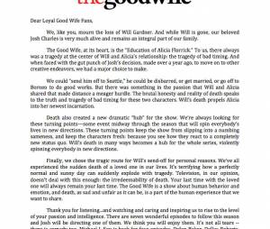 The Good Wife saison 5 : lettre des créateurs sur la mort d'un des personnages
