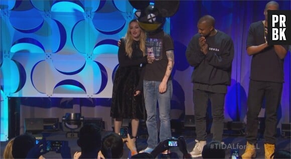 Madonna, Deadmau5 et Kanye West lors de la conférence de presse TIDAL organisée par Jay Z, le 30 mars 2015