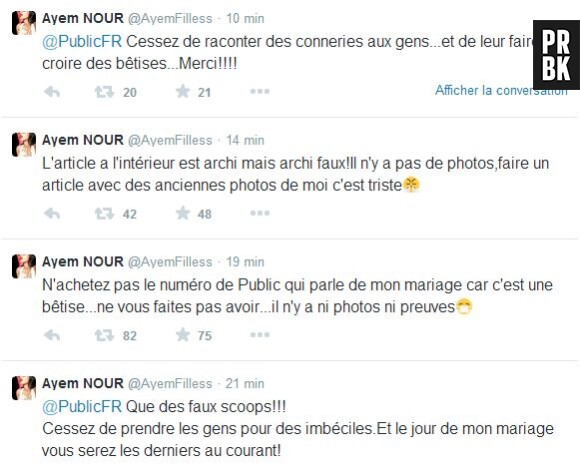 Ayem Nour dément son mariage avec Vincent, le 30 avril 2015 sur Twitter