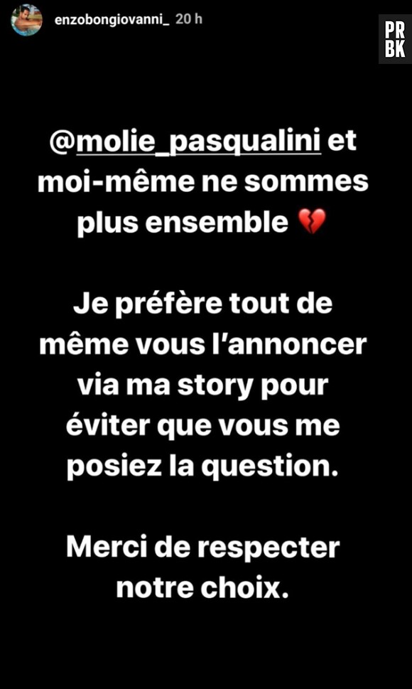 Enzo (L'Île de la tentation) annonce sa rupture avec Molie