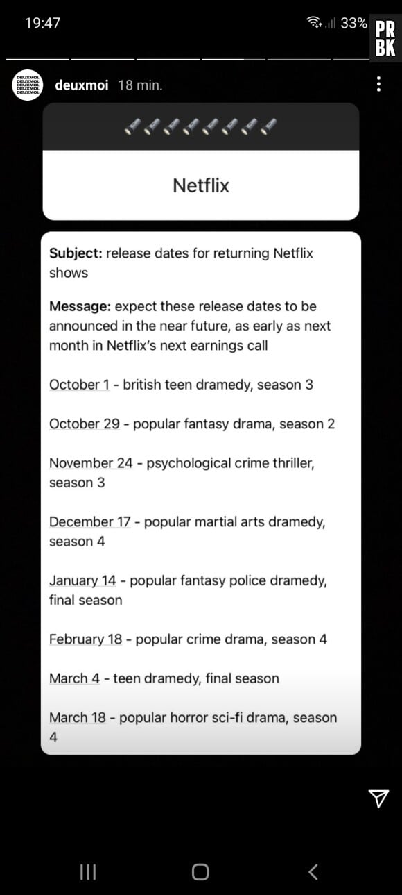 Le compte Instagram deuxmoi a-t-il dévoilé les dates de sorties de plusieurs séries Netflix ?