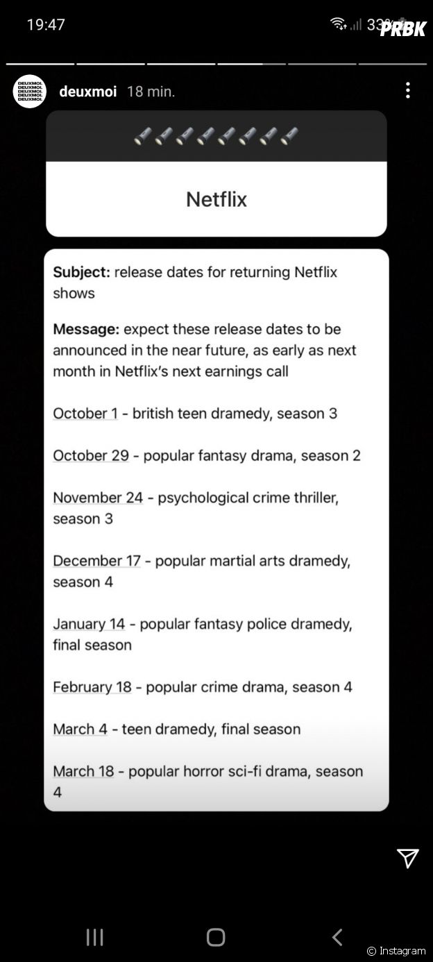 Le compte Instagram deuxmoi a-t-il dévoilé les dates de sorties de plusieurs séries Netflix ?