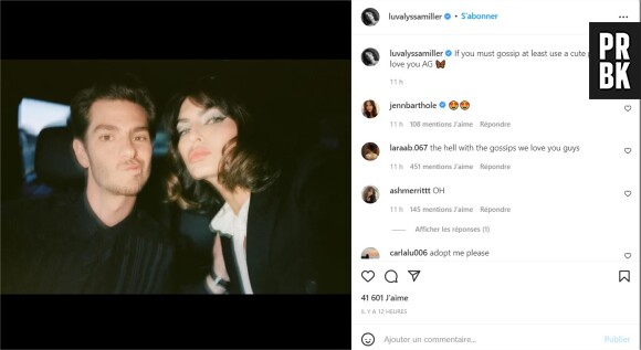 Alyssa Miller dément les rumeurs de rupture avec Andrew Garfield sur une photo postée sur Instagram