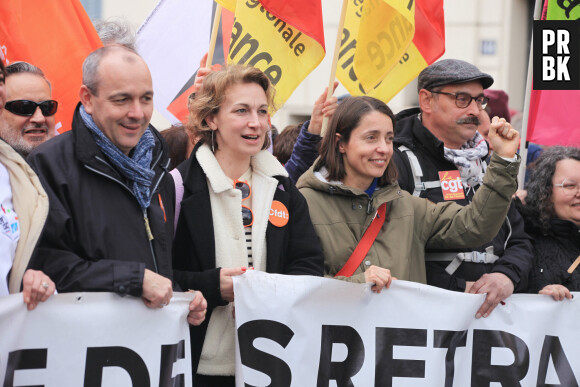 Sophie Binet et Laurent Berger - Onzième journée de manifestations contre la réforme des retraites et l'utilisation de l'article 49.3 par le gouvernement à Paris, France, le 6 avril 2023. © Jonathan Rebboah/Panoramic/Bestimage 