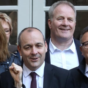 Le secrétaire général de la Confédération française démocratique du travail (CFDT), Laurent Berger , la secrétaire générale de la CGT, Sophie Binet quittent l'hôtel de Matignon, à Paris, le 5 avril 2023 © Stéphane Lemouton / Bestimage