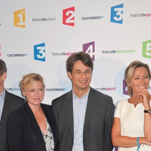 Matthieu Noël, Pierre Lescure, Anne-Elisabeth Lemoine, Bruno Patino, Anne Sophie Lapix et Maxime Switek - Conférence de presse de rentrée de France Télévisions au Palais de Tokyo à Paris, le 26 août 2014.