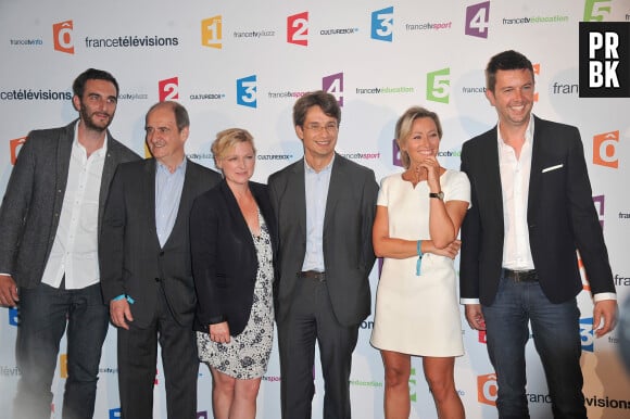 Matthieu Noël, Pierre Lescure, Anne-Elisabeth Lemoine, Bruno Patino, Anne Sophie Lapix et Maxime Switek - Conférence de presse de rentrée de France Télévisions au Palais de Tokyo à Paris, le 26 août 2014.