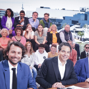 Exclusif - Bertrand Chameroy, Patrick Cohen, Pierre Lescure, Anne-Elisabeth Lemoine - Emission "C à vous" à l'occasion de la présentation des films "Strange Way Of Life" et "Le règne Animal" lors du 76ème Festival International du Film de Cannes le 18 mai 2023. © Jack Tribeca / Bestimage