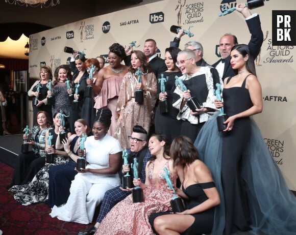 Danielle Brooks, Lea DeLaria, Yael Stone, Abigail Savage, James McMenamin, Emily Althaus, Alan Aisenberg, Kimiko Glenn, Samira Wiley, Julie Lake, Uzo Aduba, Jessica Pimentel, Dascha Polanco, Taryn Manning en press room de la 23ème soirée annuelle Screen Actors Guild Awards (SAG Awards) au Shrine Hall à Los Angeles, le 29 janvier 2017. © F. Sadou/AdMedia via ZUMA Wire/Bestimage