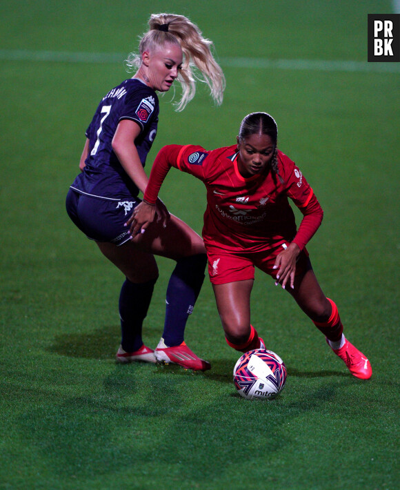 Liverpool's Taylor Hinds (right) and Aston Villa's Alisha Lehmann during the FA Women's League Cup Group A match at Prenton Park, Birkenhead. Picture date: Wednesday October 13, 2021. ... Liverpool v Aston Villa - FA Women's League Cup - Group A - Prenton Park ... 13-10-2021 ... Birkenhead ... UK ... Photo credit should read: Peter Byrne/PA Wire. Unique Reference No. 63039542 ... See PA story SOCCER Liverpool Women. Photo credit should read: Peter Byrne/PA Wire. RESTRICTIONS: Use subject to restrictions. Editorial use only, no commercial use without prior consent from rights holder. 