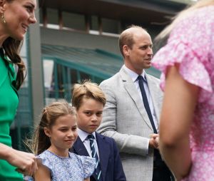 Le prince William, prince de Galles, et Catherine (Kate) Middleton, princesse de Galles, avec leurs enfants le prince George de Galles, et la princesse Charlotte de Galles, arrivent pour assister à la finale homme du tournoi de Wimbledon 2023 à Londres, le 16 juillet 2023. 