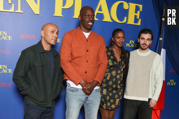 Eric Judor,Jean-Pascal Zadi,Fadily Camara,and Panayotis Pasco attend the 'En Place' Netflix series premiere at Cinema Max Linder Panorama on January 09, 2023 in Paris, France. Photo by Nasser Berzane/ABACAPRESS.COM 