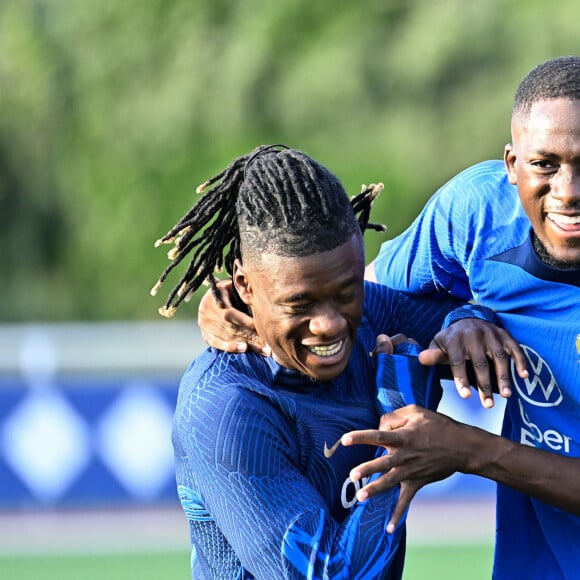 Eduardo Camavinga Konate Ibrahima - L'équipe de France en entrainement au Centre National du Football (CNF) de Clairefontaine-en-Yvelines, France, le 9 octobre 2023. © Federico Pestellini/Panoramic/Bestimage  French team during a training session at the National Football Center (CNF) in Clairefontaine-en-Yvelines, France, on October 9, 2023.