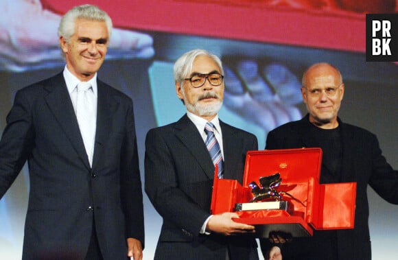 Japanese director Hayao Miyazaki poses with the Golden Lion he received for his life achievement at the 62nd Mostra Venice Film Festival in Venice, Italy, on September 9, 2005. Photo by Afonso Catalano/Publifoto/ABACAPRESS.COM. 