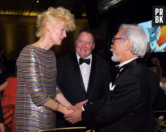 Tilda Swinton (left), John Lasseter (center) and Honorary Award recipient Hayao Miyazaki attend the 6th Annual Governors Awards in The Ray Dolby Ballroom at Hollywood & Highland Cente in Hollywood, Los Angeles, CA, USA on Saturday, November 8, 2014. Photo by LFI/Photoshot/ABACAPRESS.COM 