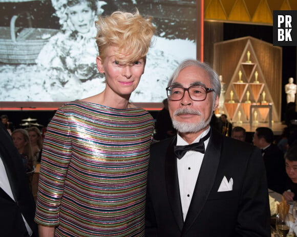 Tilda Switon (left) and Honorary Award recipient Hayao Miyazaki attend the 6th Annual Governors Awards in The Ray Dolby Ballroom at Hollywood & Highland Cente in Hollywood, Los Angeles, CA, USA on Saturday, November 8, 2014. Photo by LFI/Photoshot/ABACAPRESS.COM 