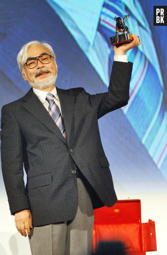 Japanese director Hayao Miyazaki poses with the Golden Lion he received for his life achievement at the 62nd Mostra Venice Film Festival in Venice, Italy, on September 9, 2005. Photo by Afonso Catalano/Publifoto/ABACAPRESS.COM. 