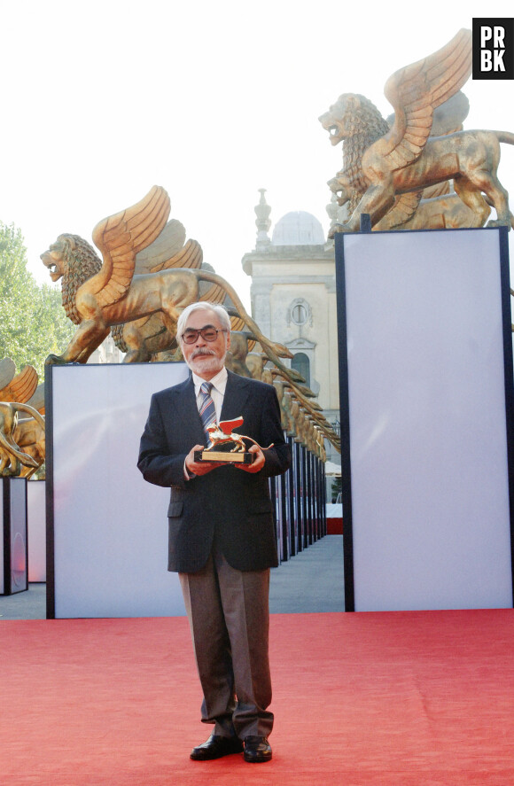 Japanese director Hayao Miyazaki poses with the Golden Lion he received for his life achievement at the 62nd Mostra Venice Film Festival in Venice, Italy, on September 9, 2005. Photo by Afonso Catalano/Publifoto/ABACAPRESS.COM. 