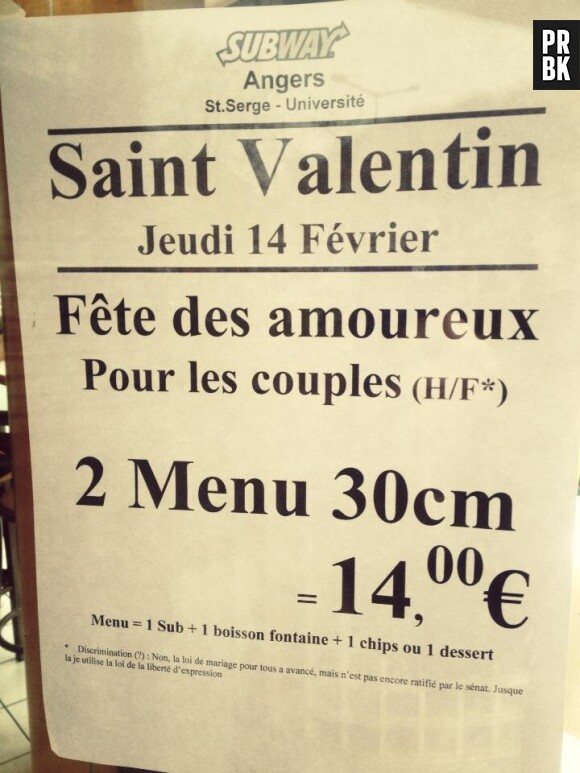Le Subway d'Angers proposait un menu Saint-Valentin, destiné exclusivement aux couples hétéros. Un twitto révolté a photographié et posté l'affiche dans l'après-midi.