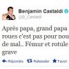 Benjamin Castaldi rassurant sur Twitter après l'accident de son fils