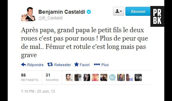 Benjamin Castaldi rassurant sur Twitter après l'accident de son fils