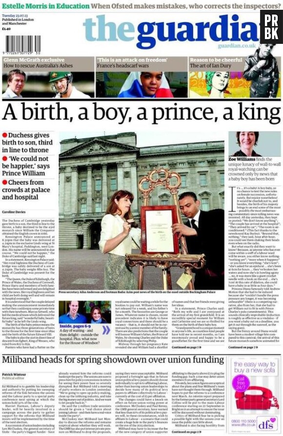 Naissance du royal baby : la Une de The Guardian ce mardi 23 juillet 2013
