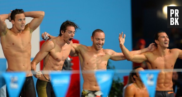 Camille Lacourt : euphorique après la victoire de la France sur le relais 4x100m 4 nages, le 4 août 2013 à Barcelone