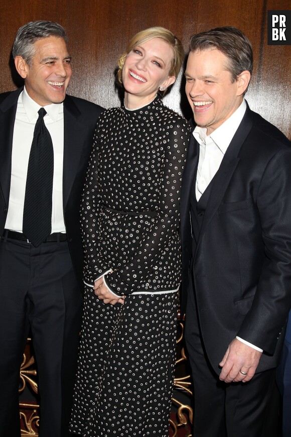 George Clooney, Cate Blanchett et Matt Damon souriants pour l'avant-première de The Monuments Men, le 4 février 2014 à New-York