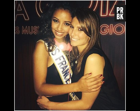 Flora Coquerel et Laury Thilleman complices aux 20 ans de Miss France 2014, le 16 avril 2014 à Paris