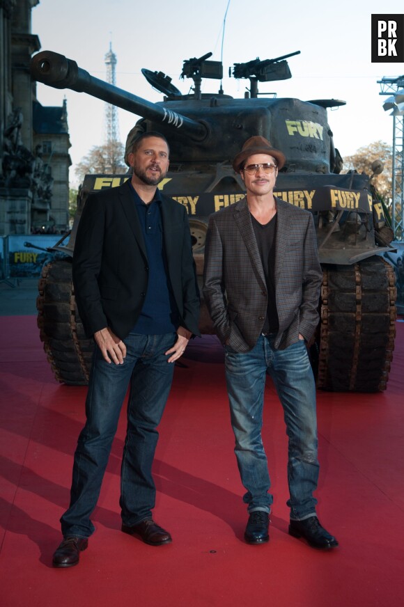 Brad Pitt et le réalisateur David Ayer à Paris pour l'avant-première du film Fury, le 18 octobre 2014