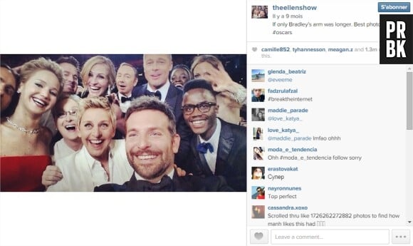 Oscars 2014 : le selfie d'Ellen DeGeneres atteint 1,3 millions de likes
