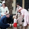 Kate Middleton, Prince William, George et Elizabeth II au baptême de la Princesse Charlotte, le 5 juillet 2015 en Angleterre