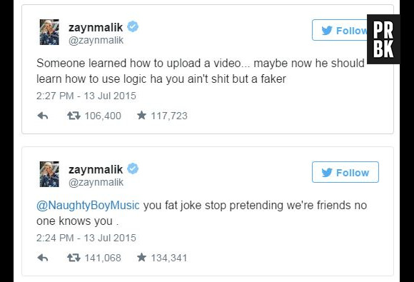 Zayn clashe Naughty Boy sur Twitter, le 13 juillet 2015