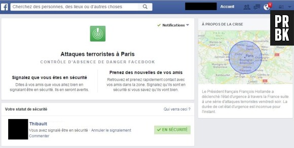 Facebook : le système Safety Check activé suite aux attentats de Paris le 13 novembre 2015