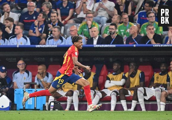 Lamine Yamal de l'Espagne célèbre son but pendant le match de demi-finale de l'UEFA Euro 2024 entre l'Espagne et la France à Munich, en Allemagne, le 9 juillet 2024. Photo by Ren Pengfei/Xinhua/ABACAPRESS.COM